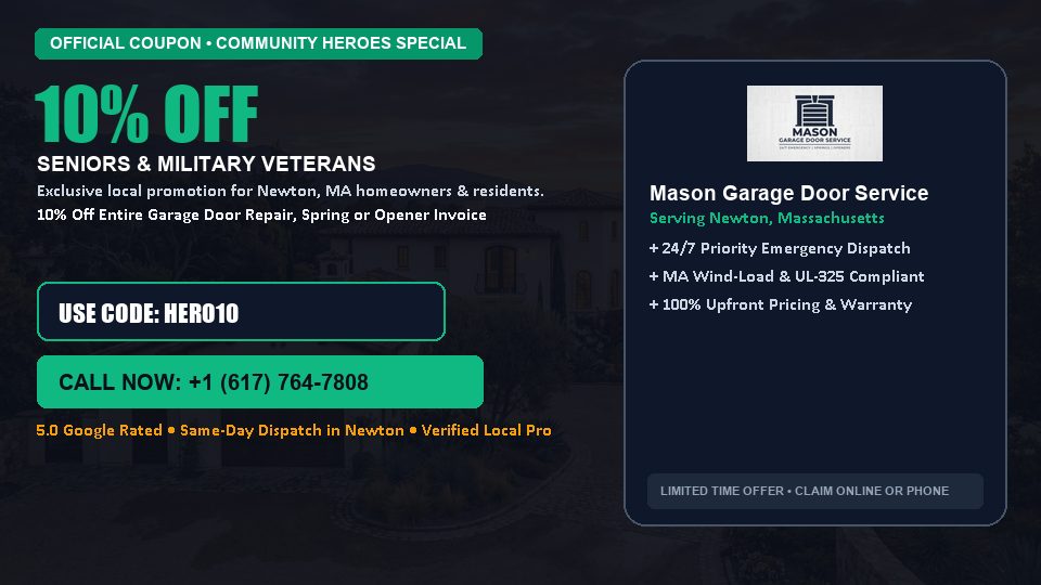 Mason Garage Door Service 10% OFF Seniors & Military Veterans in Newton, MA